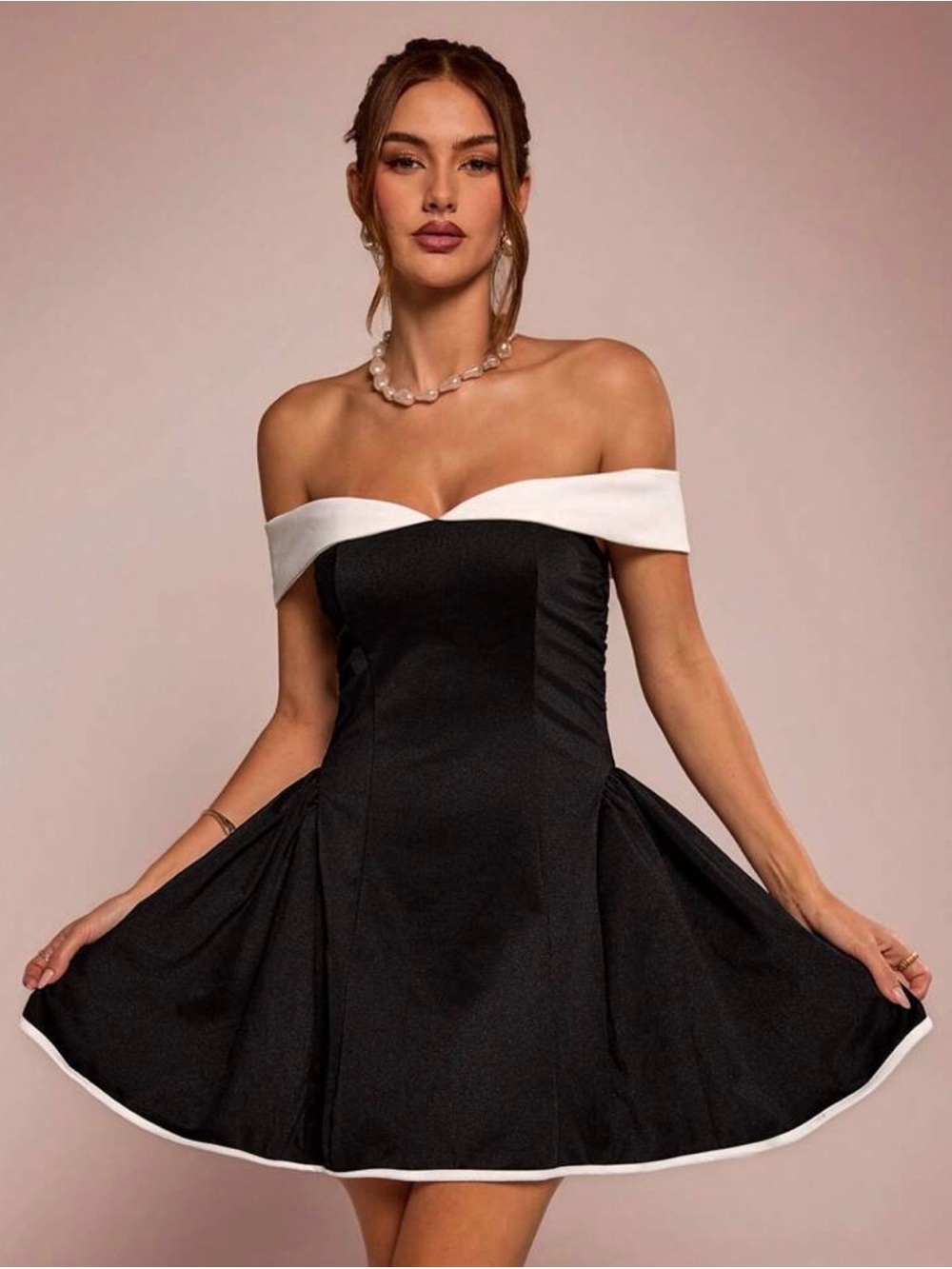 SHEIN Black One-Shoulder Fit & Flare Dress with White Trim